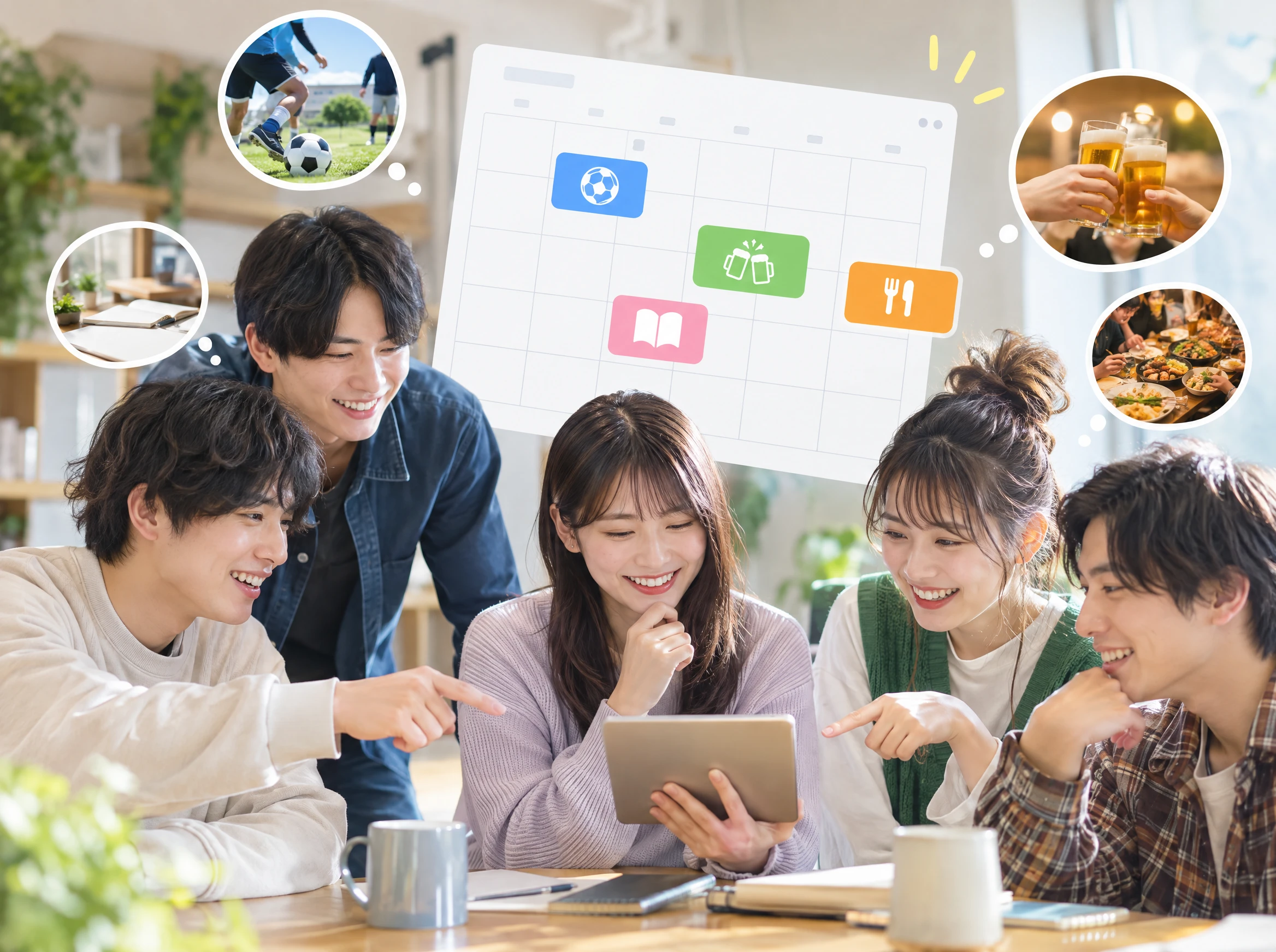 タブレットを囲んで、サッカーの練習や飲み会、食事会の予定を相談する友だちグループ