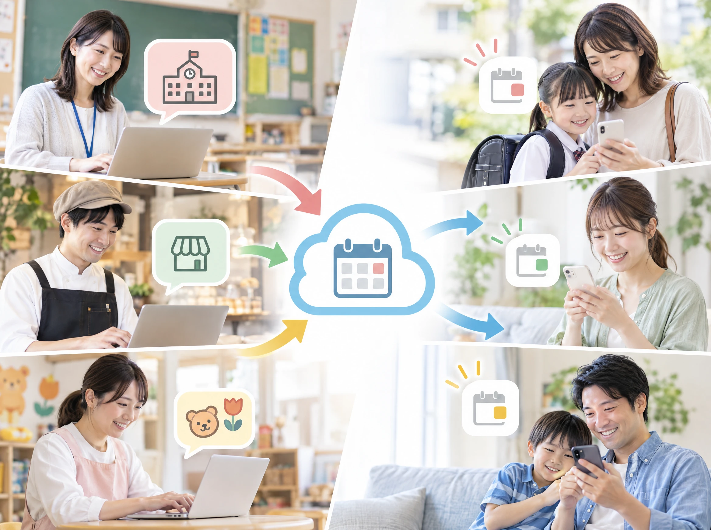 学校・お店・保育園から配信した予定が、フォローしている家庭のスマートフォンに届く様子